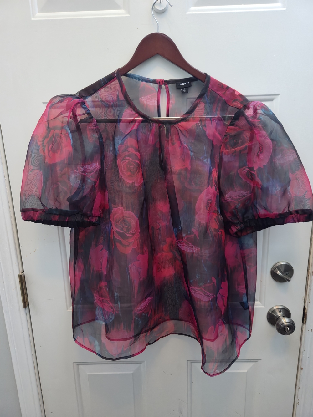 Torrid Sheer Rose-Print Puff Sleeve Blouse - Pink/Black